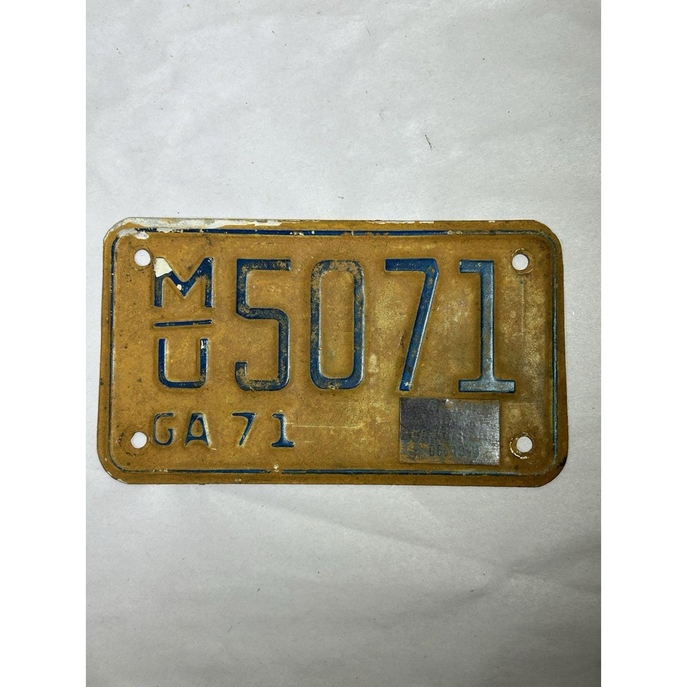 1971 Georgia Motorcycle Off Road License Plate Tag M/U Yellow Blue Vintage